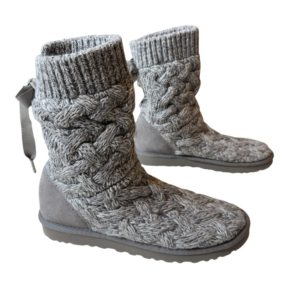 UGG Boot Bootie Cable Knit Bow Ribbon Lace Back Isla Gray Suede 8